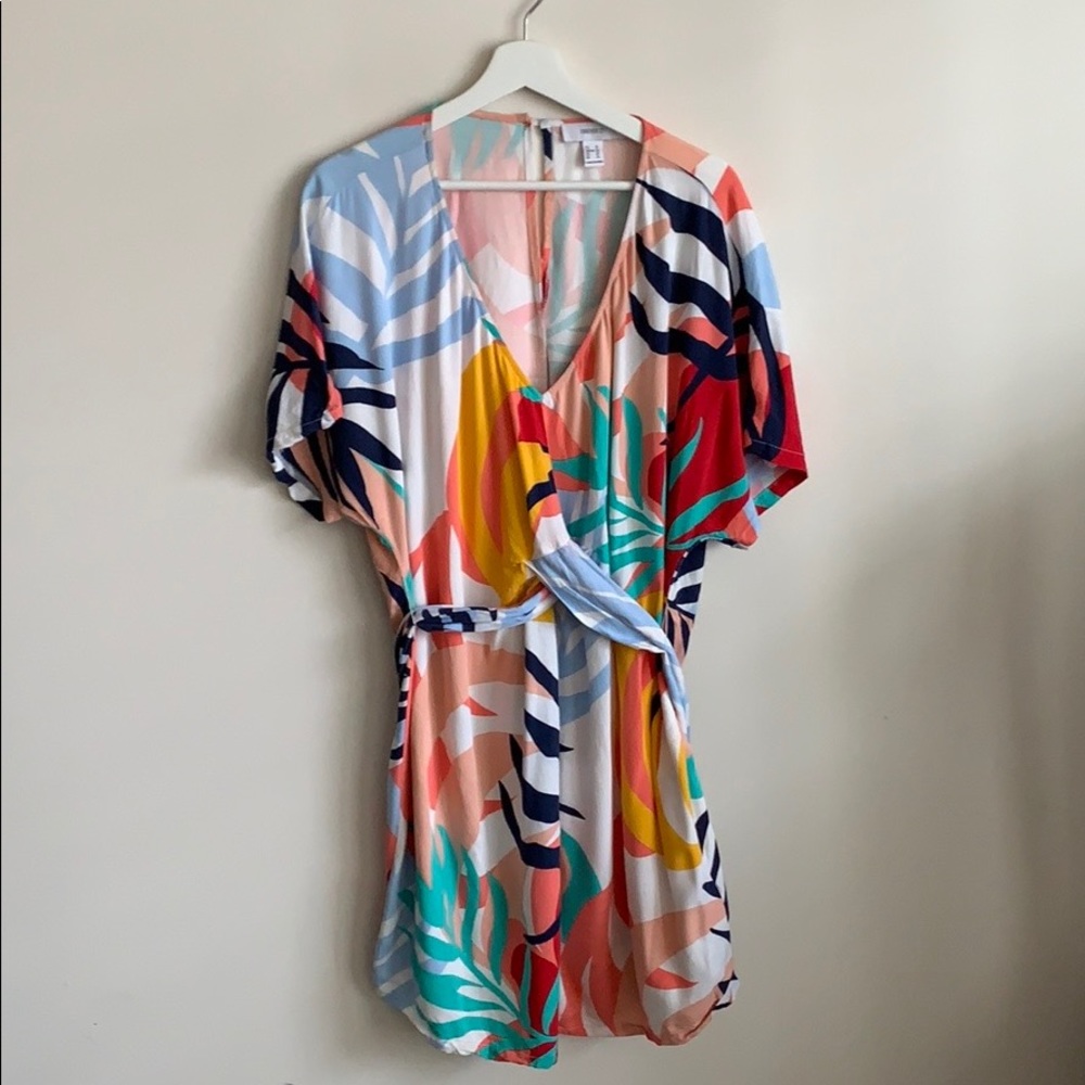 Tropical print kimono wrap dress